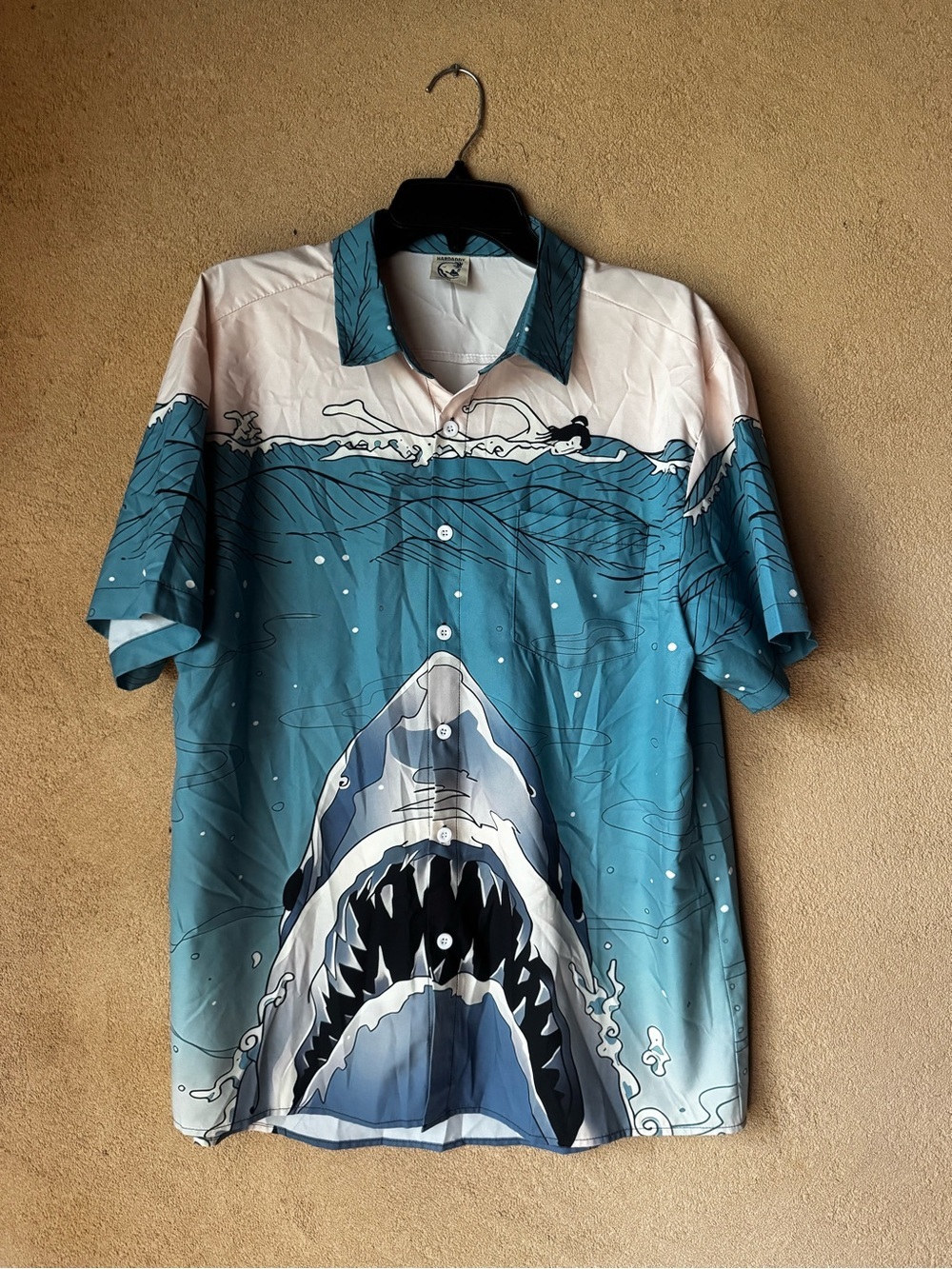 Shark Graphic Short-Sleeve Button-Down Shirt - Teal/White